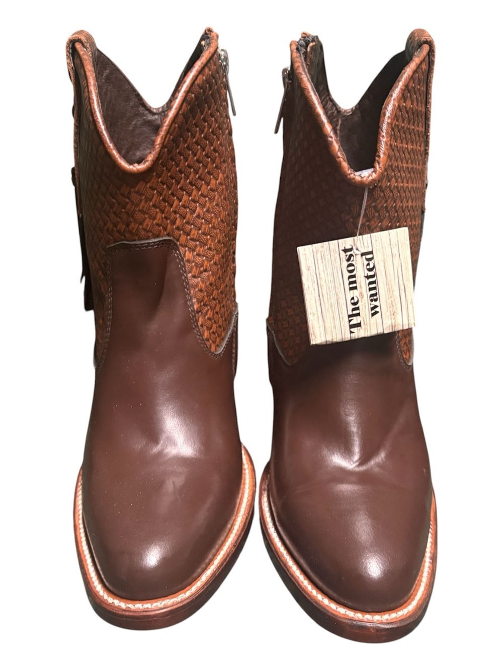 New Women’s Brown Woven Leather Ankle Boots with Tassel - Picture 3 of 7